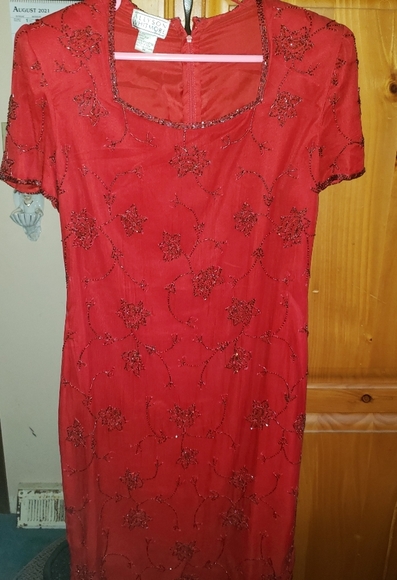 Allyson Whitmore Red Silk Beaded Party Dress size M - Picture 3 of 7